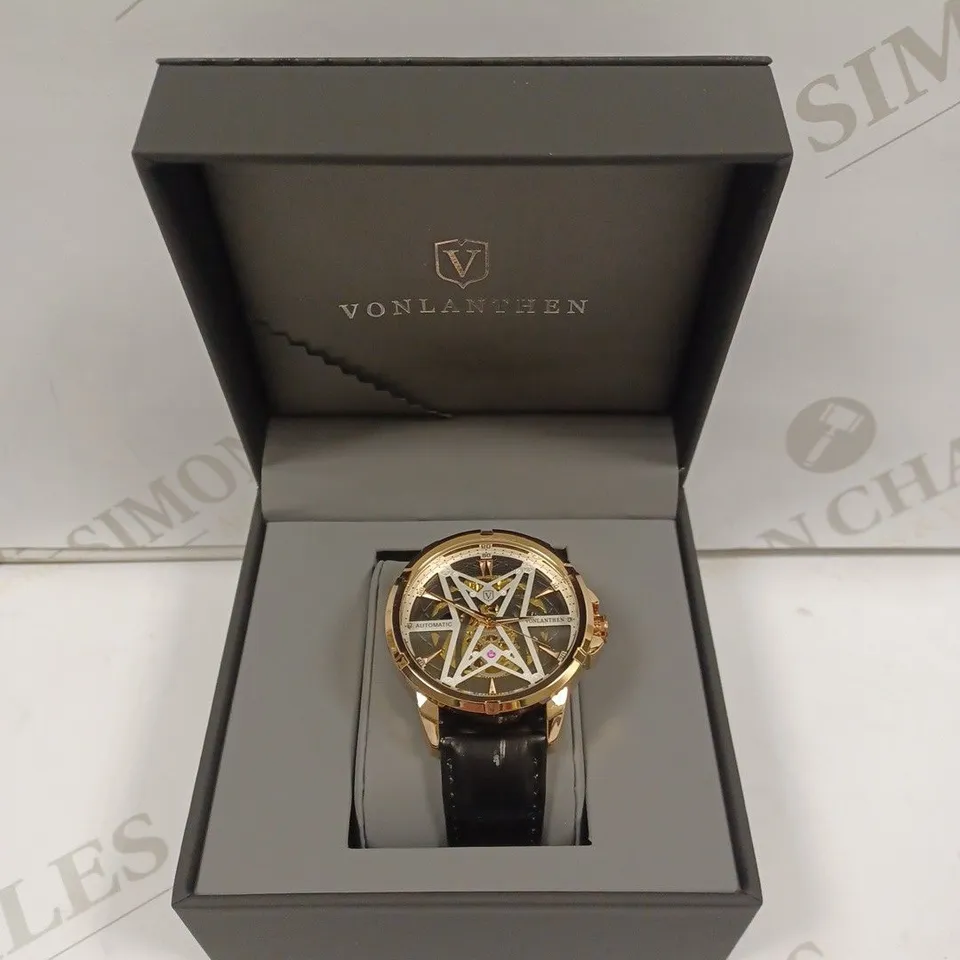 MENS VONLANTHEN AUTOMATIC SKELETON WATCH – V110 - GLASS EXHIBITION BACKCASE – BLACK LEATHER STRAP