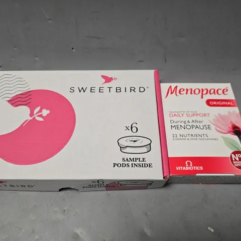 APPROXIMATELY 8 ASSORTED FOOD ITEMS TO INCLUDE - MENOPACE DAILY SUPPORT , SWEETBIRD SAMPLE PODS 