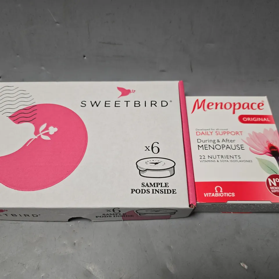 APPROXIMATELY 8 ASSORTED FOOD ITEMS TO INCLUDE - MENOPACE DAILY SUPPORT , SWEETBIRD SAMPLE PODS 