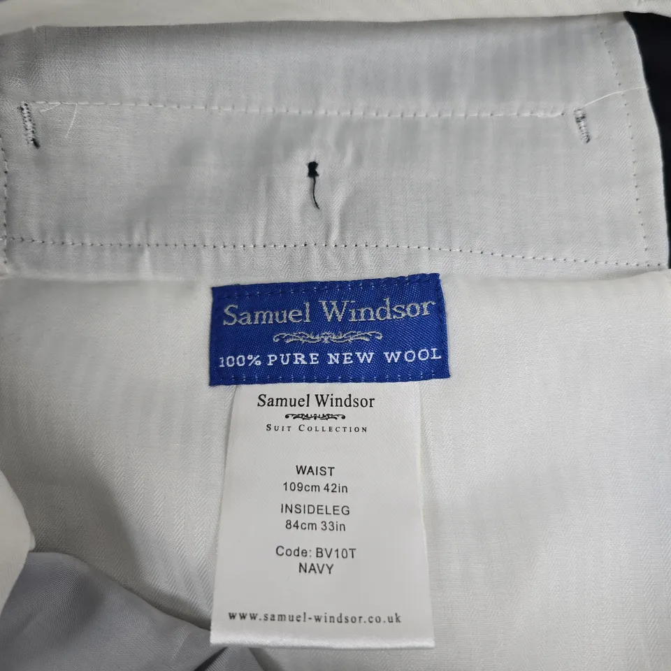 SAMUEL WINDSOR NAVY WOOL TROUSERS – UK 42 (WAIST 42IN), INSIDE LEG 33IN