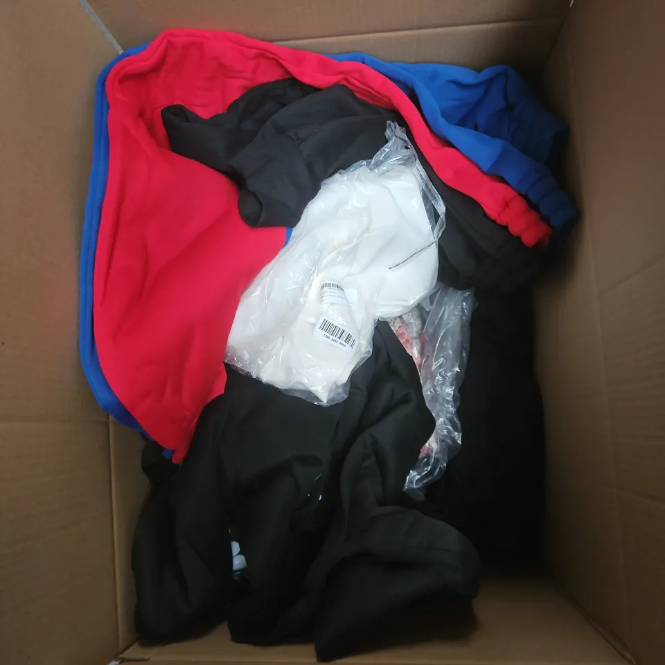 BOX OF APPROXIMATELY 25 ASSORTED CLOTHING ITEMS TO INCLUDE RED HOODIE, BLUE HOODIE, DARK RED LONG SLEEVE TOP, TIGHTS ETC