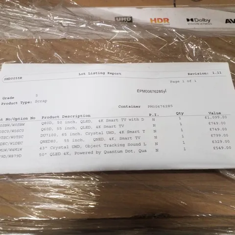 PALLET OF SIX ASSORTED WAREHOUSE DAMAGED TV'S TO INCLUDE;