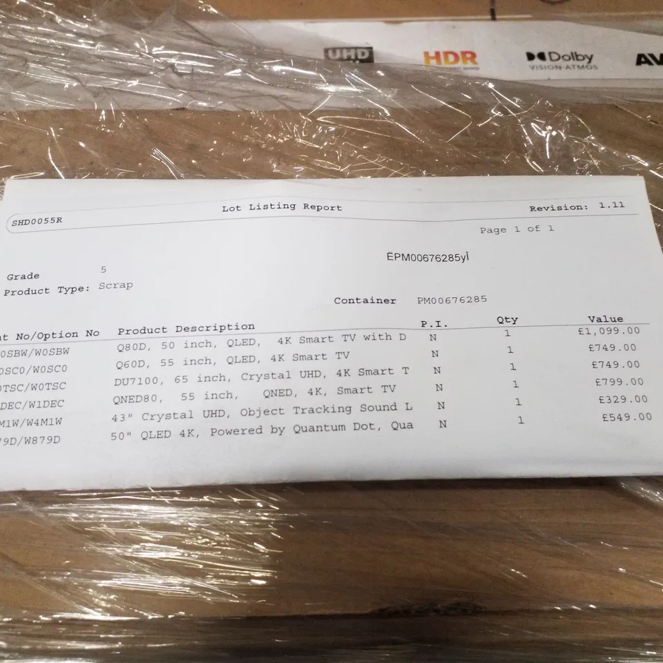 PALLET OF SIX ASSORTED WAREHOUSE DAMAGED TV'S TO INCLUDE;