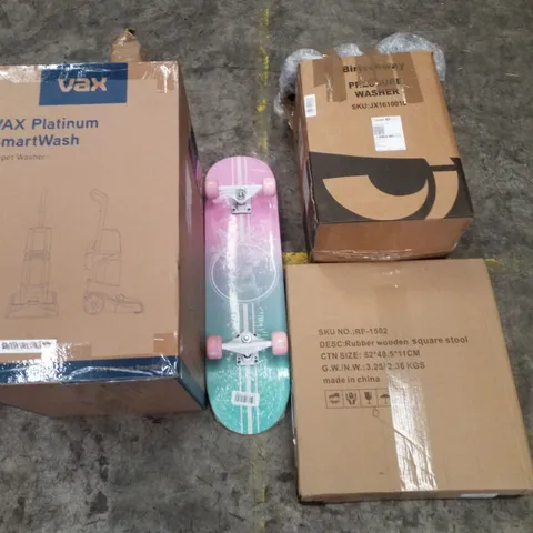 PALLET CONTAINING ASSORTED PRODUCTS INCLUDING PRESSURE WASHER, RUBBER WOODEN SQUARE STOOL, SKATEBOARD CARPET WASHER & CANON MG2551S PRINTER