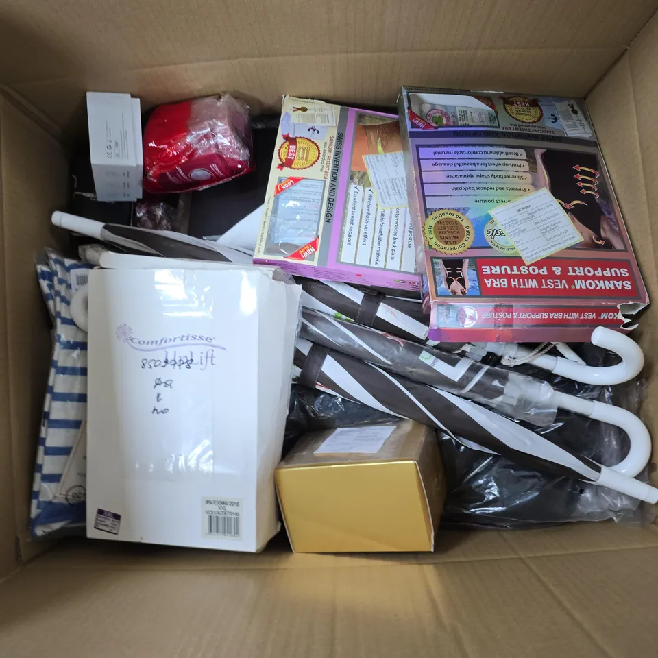 APPROXIMATELY 15 ASSORTED ITEMS TO INCLUDE SANKOM SUPPORT & POSTURE BRA, UMBRELLA, JEWELLERY CLEANER, ETC
