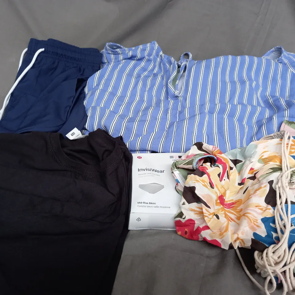 BOX OF APPROXIMATELY 25 ASSORTED CLOTHING ITEMS TO INCLUDE -SHORTS , T-SHIRT , MID RISE BIKINI ETC
