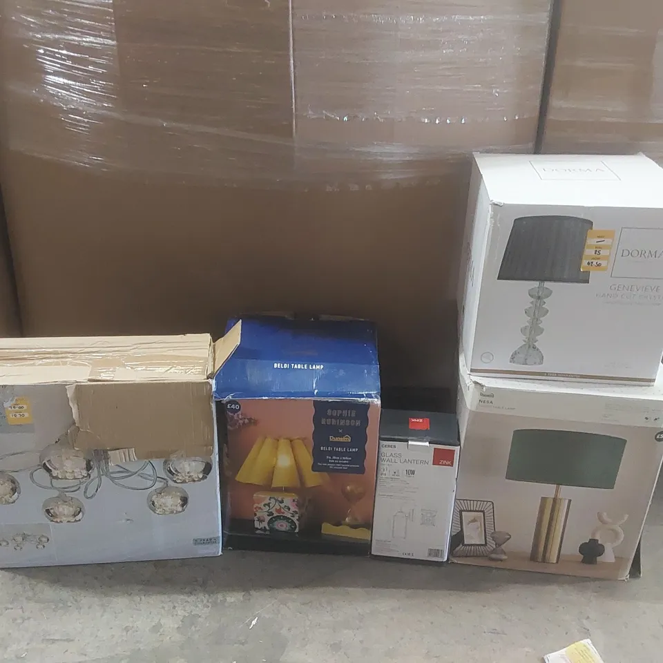 PALLET CONTAINING A VERY LARGE QUANTITY OF ASSORTED DESIGNER LIGHTING PRODUCTS INCLUDING: TABLE LAMPS, CEILING LIGHTS, WALL LIGHTS ECT