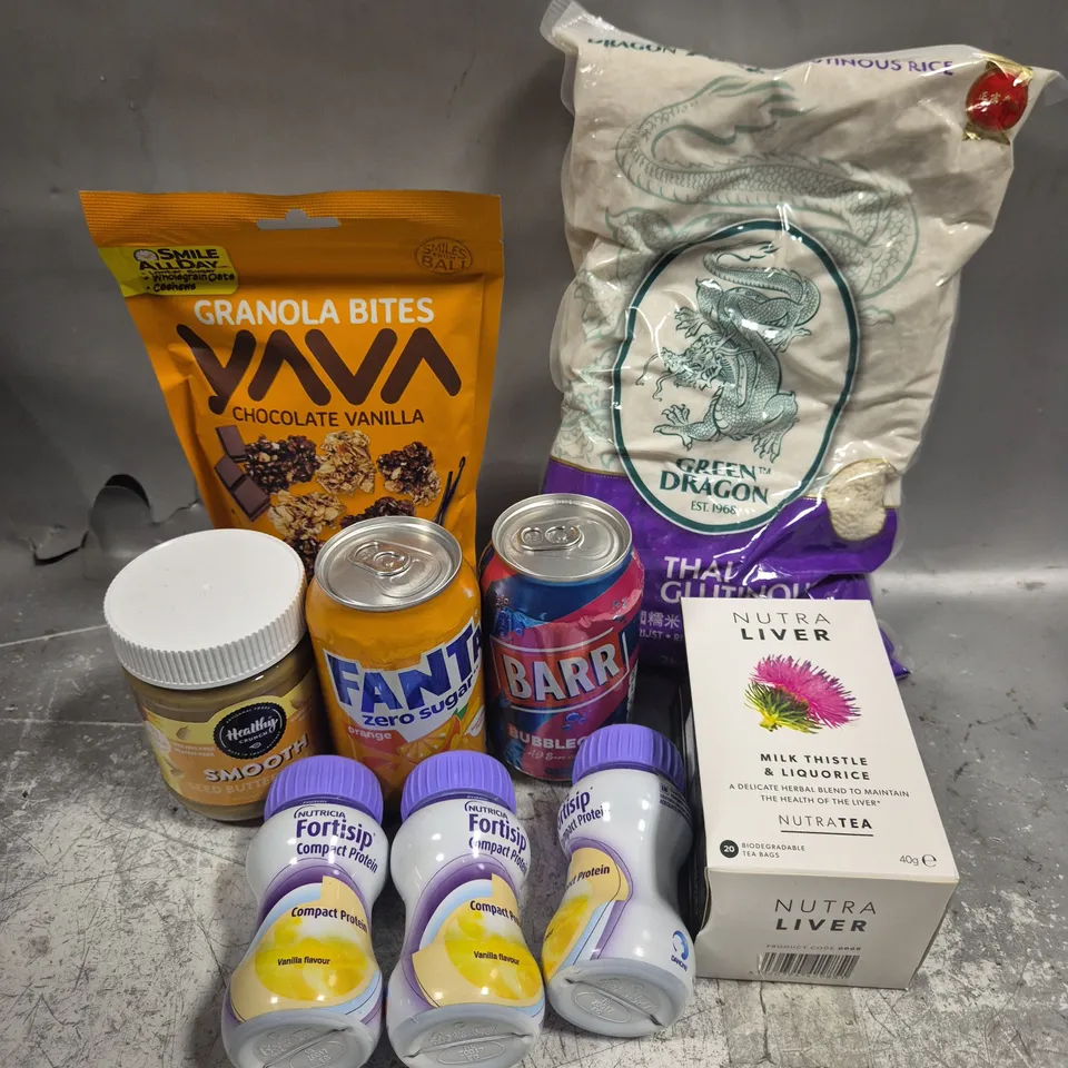 APPROXIMATELY 9 ASSORTED FOOD/DRINK PRODUCTS TO INCLUDE GRANOLA BITES, FORTISIP, FANTA ETC 