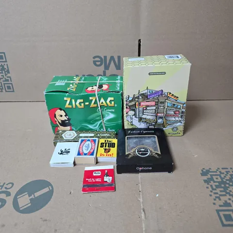 TOTE OF APPROXIMATELY 20 ASSORTED SMOKING RELATED PRODUCTS TO INCLUDE ZIG ZAG ROLLING PAPERS, WOOD PULP ROLLING PAPERS, MATCHES ETC