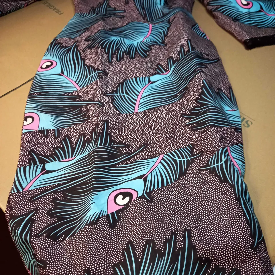 DESIGNER BROWN/TEAL PRINT CURVED MAXI DRESS 