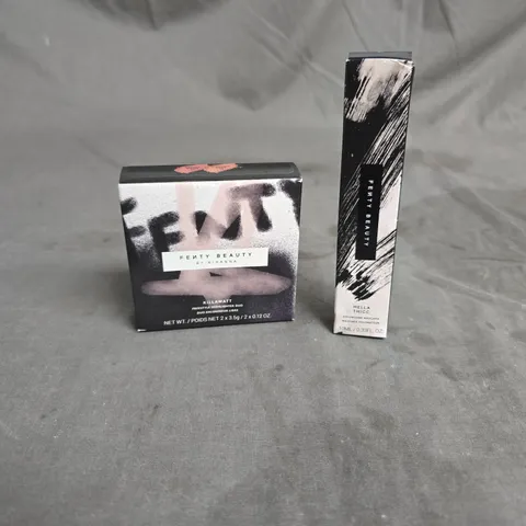 BOXED FENTY BEAUTY LOT OF 2 ASSORTED COSMETIC PRODUCTS TO INCLUDE - KILLAWATT FREESTYLE HIGHLIGHTER DUO IN GINGER BINGE/MOSCOW MULE - HELLA THICC VOLUMIZING MASCARA - ETC