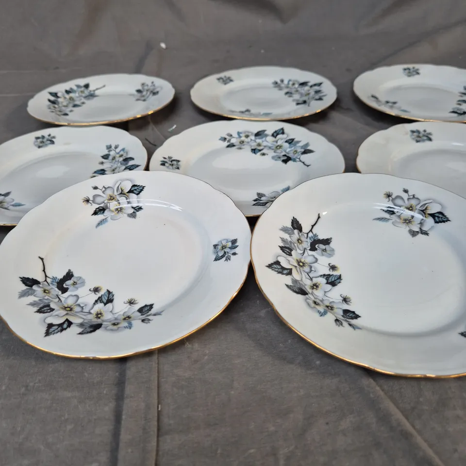 SET OF 8 PORCELAIN DESSERT PLATES WITH BLUE FLORAL PATTERN AND GILT RIMS (MZ MARK, CZECHOSLOVAKIA)
