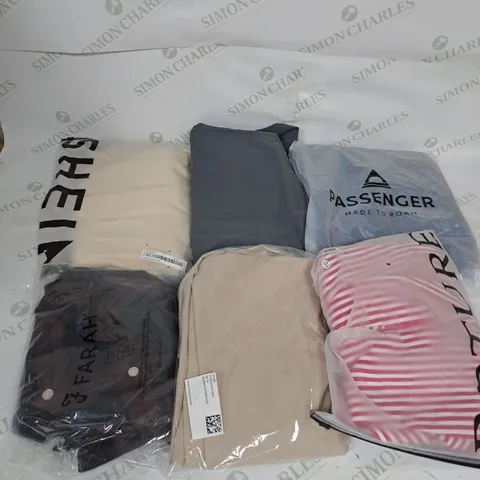 LARGE BOX OF ASSORTED CLOTHING ITEMS IN VARIOUS COLOURS AND SIZES INCLUDING TROUSERS , TOPS AND JUMPERS