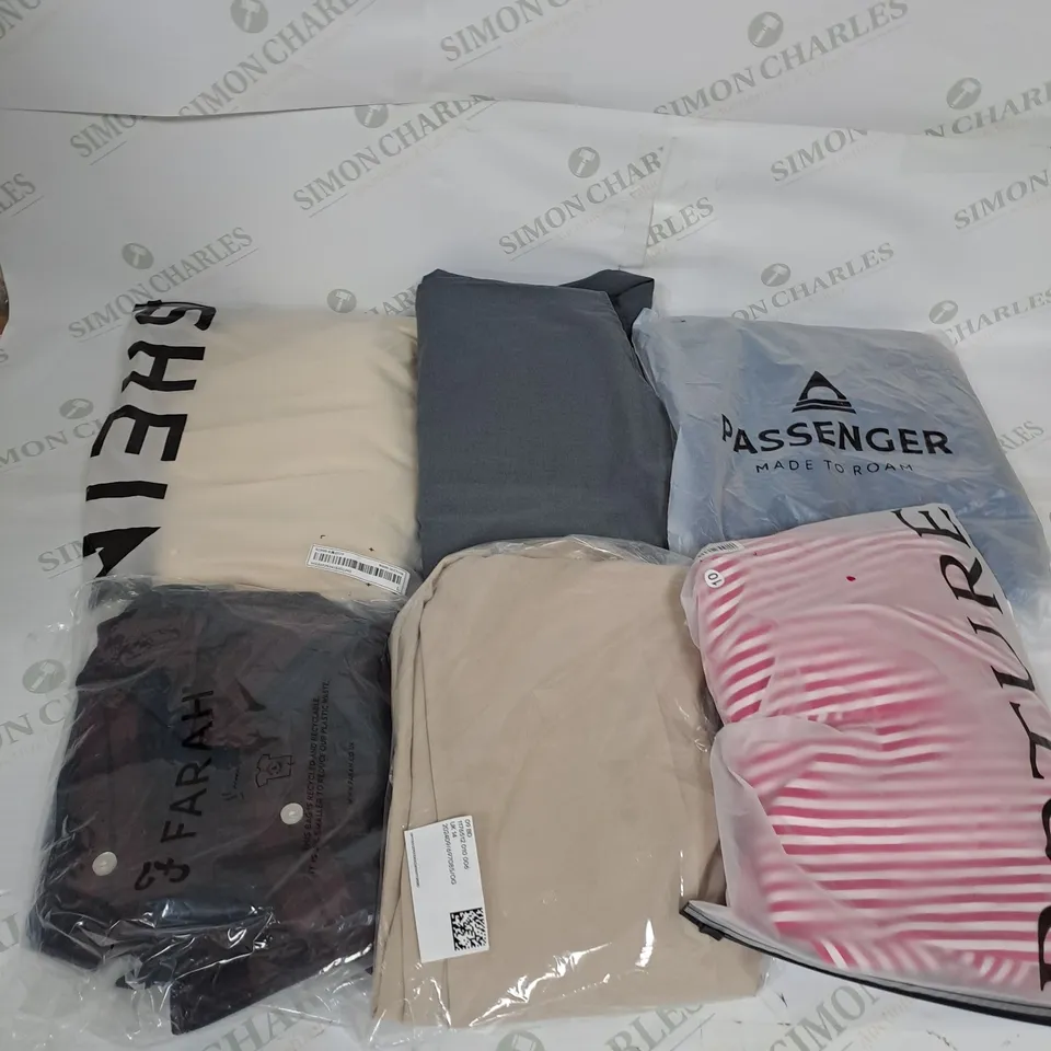 LARGE BOX OF ASSORTED CLOTHING ITEMS IN VARIOUS COLOURS AND SIZES INCLUDING TROUSERS , TOPS AND JUMPERS 