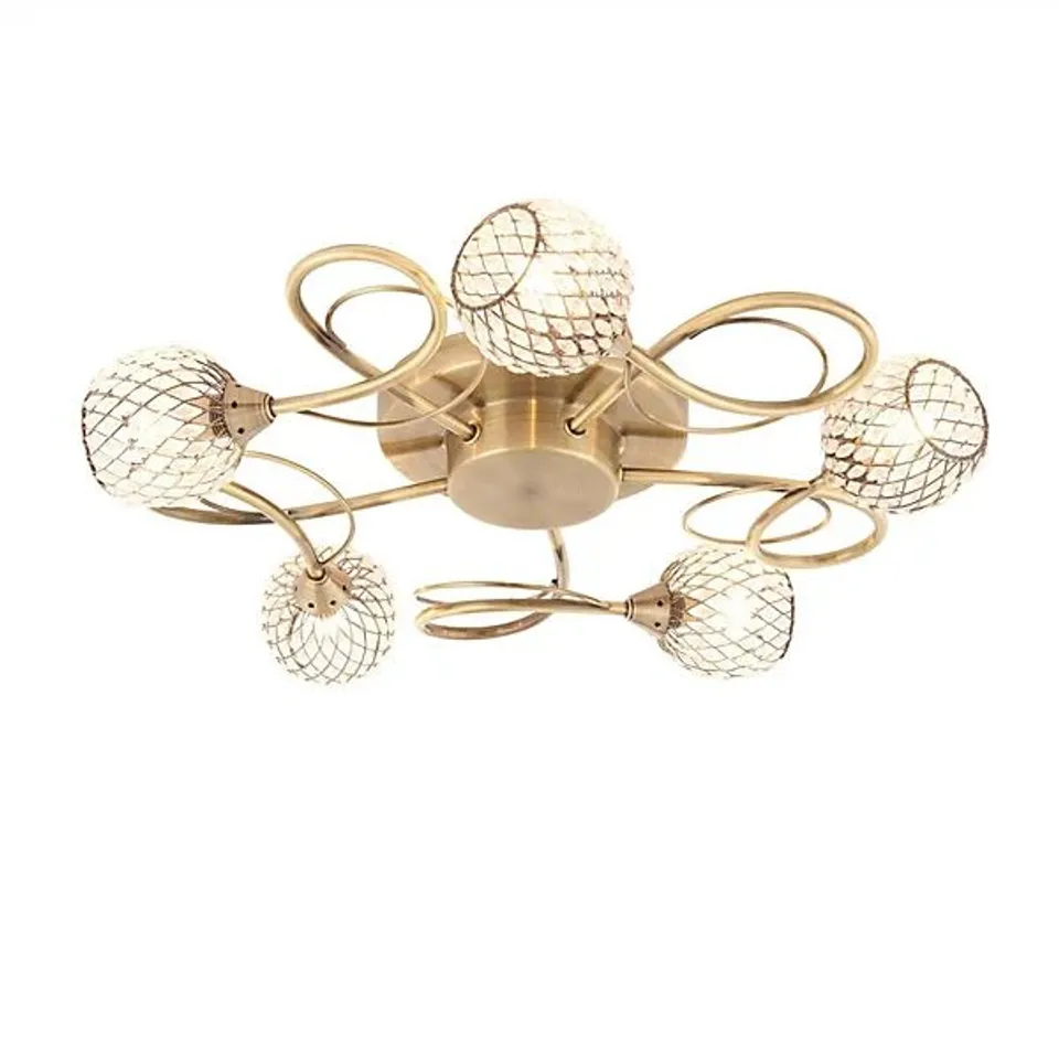 BOXED LUMINOSA AHERNE 5 LIGHT SEMI FLUSH ANTIQUE BRASS WITH ANTIQUE BRASS WIRE, BEAD SHADE, G9