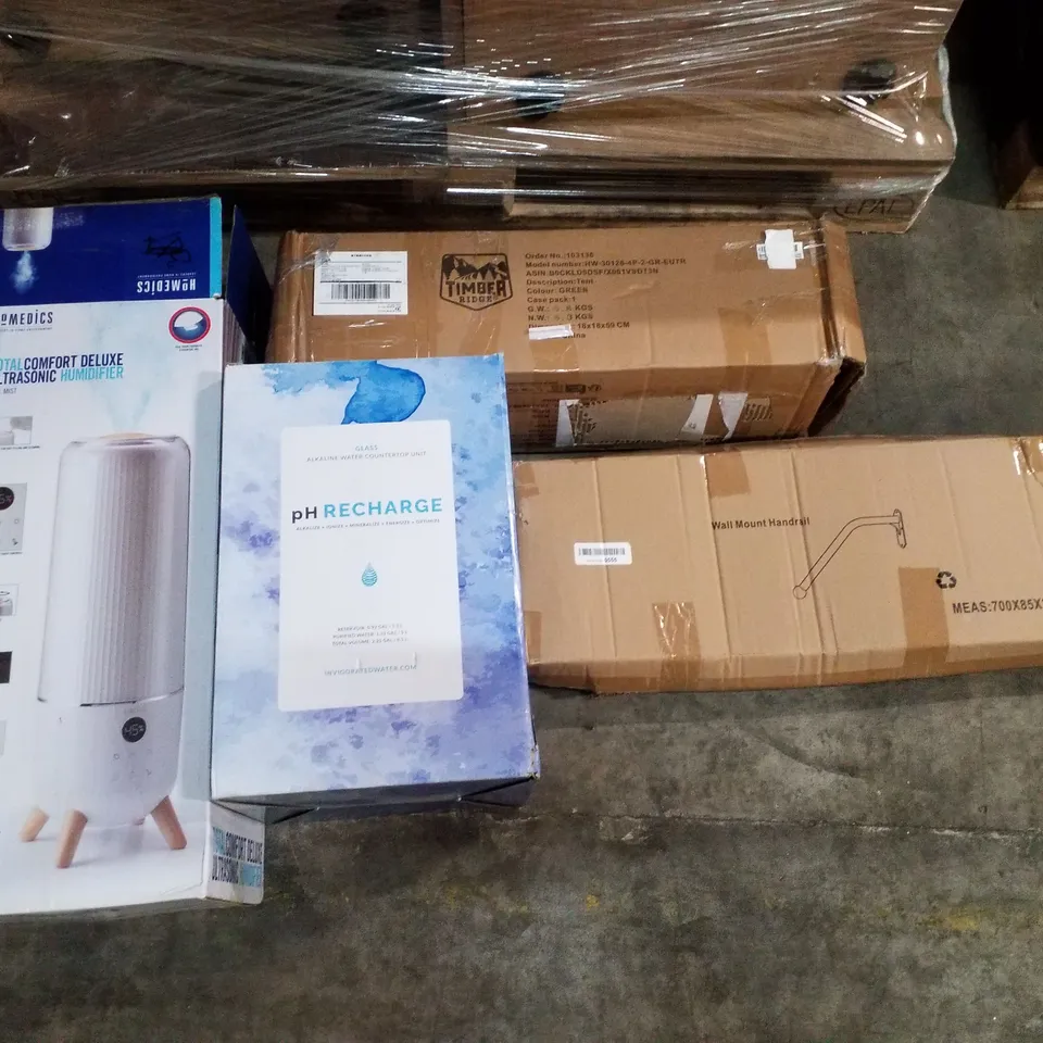 PALLET CONTAINING ASSORTED PRODUCTS INCLUDING WALL MOUNTED HANDRAIL, TIMBER RIDGE TENT, ALKALINE WATER TABLETOP UNIT, HUMIDIFIER 