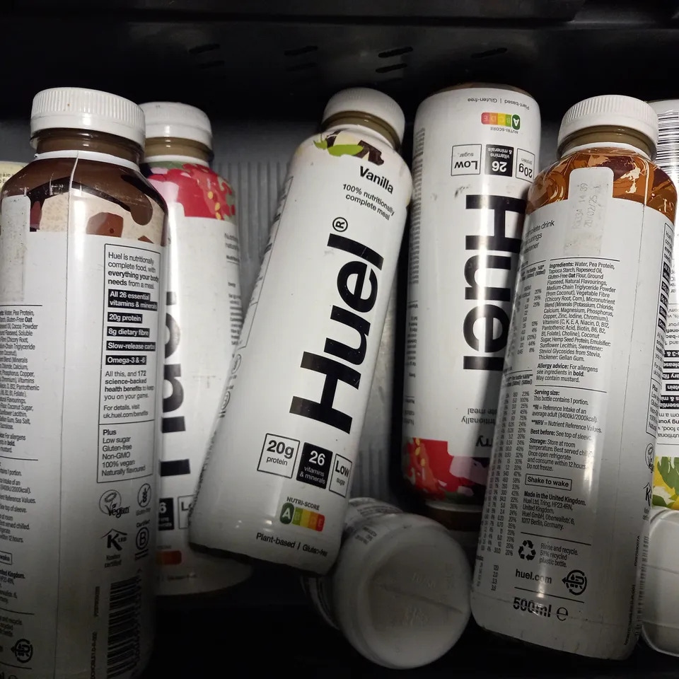 TOTE OF APPROX 12 ASSORTED FOOD ITEMS TO INCLUDE - YFOOD SALTED CARAMEL , HUEL BANANA , HUEL BERRY ECT