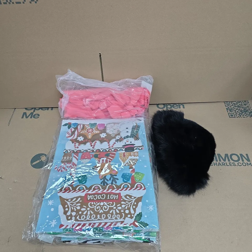 LARGE QUANTITY OF ASSORTED ITEMS TO INCLUDE LADIES T-SHIRT, CHRISTMAS GIFT BAG SET, FAUX FUR HAT, ETC - COLLECTION ONLY