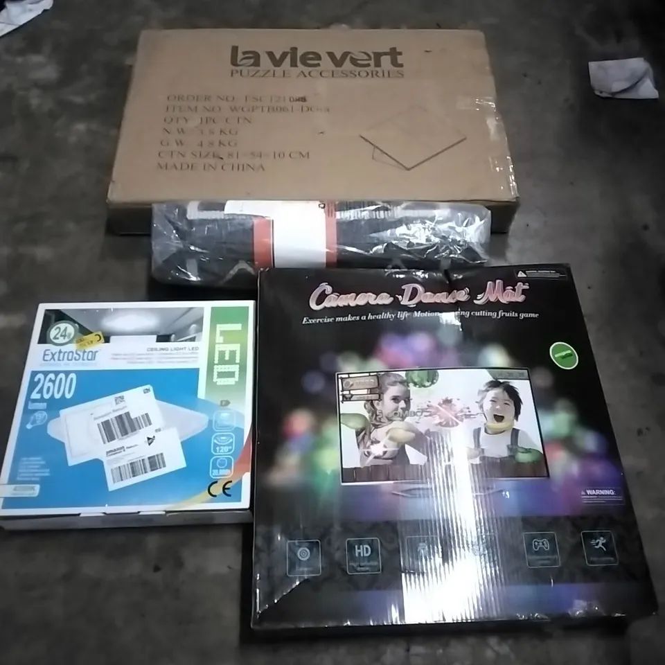 PALLET OF HOUSEHOLD ITEMS TO INCLUDE LED CEILING LIGHT, CAMERA DANCE MAT,FLOOR MAT,PUZZLE ACCESSORIES AND OTHER ASSORTED ITEMS...