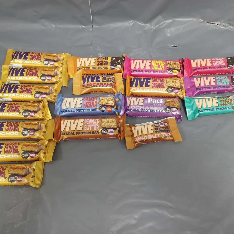 LOT OF APPROXIMATELY 18 VIVE PROTEIN BARS AND BROWNIES. ASSORTED FLAVOURS