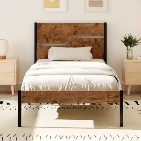 BOXED BED FRAME SINGLE DOUBLE METAL PLATFORM BED FRAME WITH WOOD HEADBOARD AND FOOTBOARD
