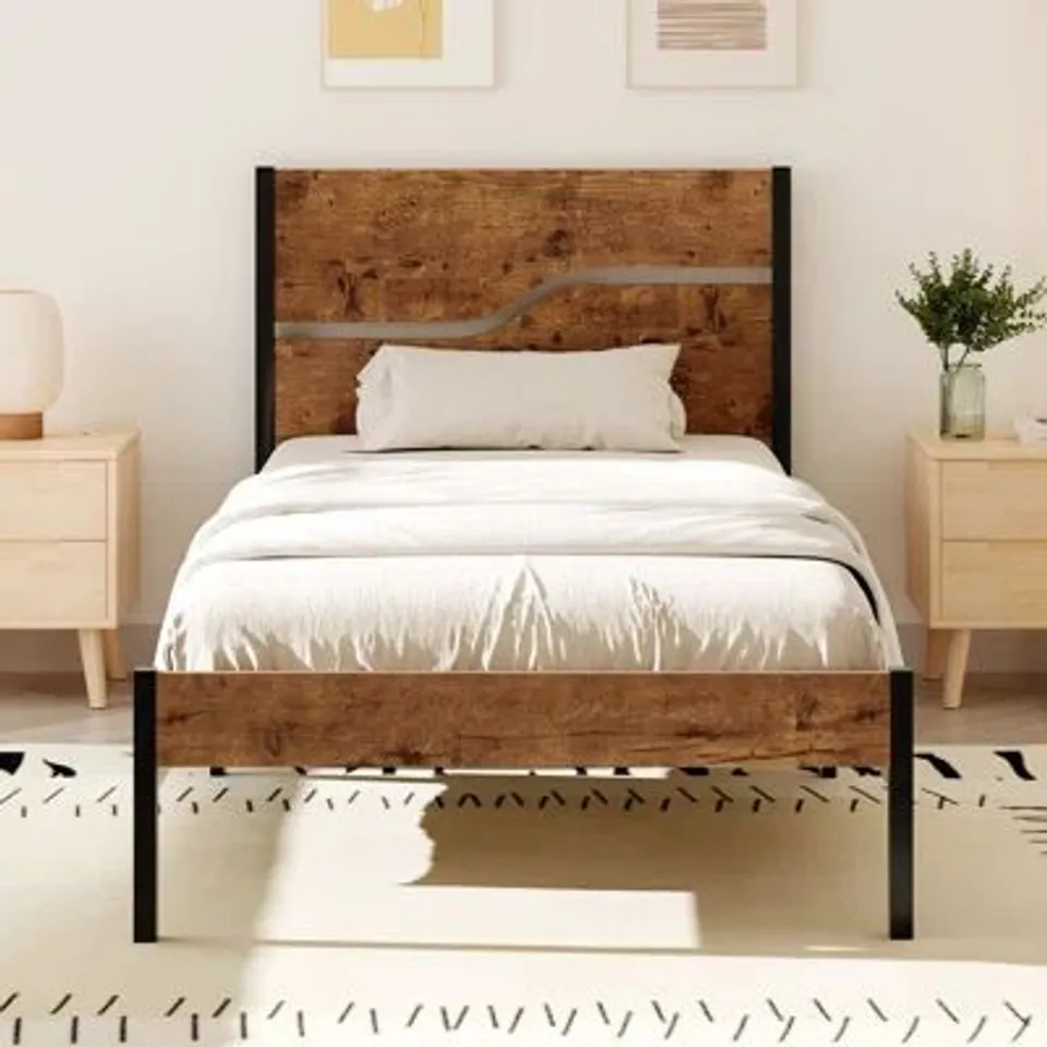 BOXED BED FRAME SINGLE DOUBLE METAL PLATFORM BED FRAME WITH WOOD HEADBOARD AND FOOTBOARD