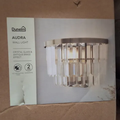 BOXED DUNELM AUDRA WALL LIGHT – CRYSTAL GLASS & ANTIQUE BRASS EFFECT