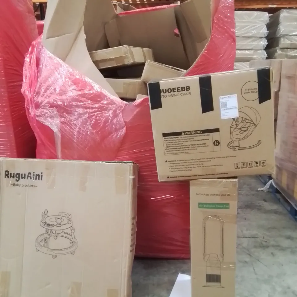 PALLET CONTAINING VARIOUS ASSORTED BOXED HOUSEHOLD ITEMS TO INCLUDE: BABY SWING CHAIR,  AIR MULTIPLIER TOWER FAN, BABY WALKER AND LOTS MORE UNMARKED BOXED ITEMS 
