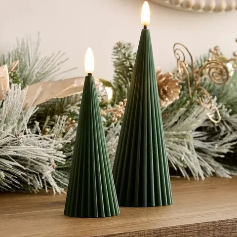 GREEN CONE CANDLES, TALL RIDGED CONES – 2 PACK. SET OF 2 TREE SHAPE LED CHRISTMAS CANDLES