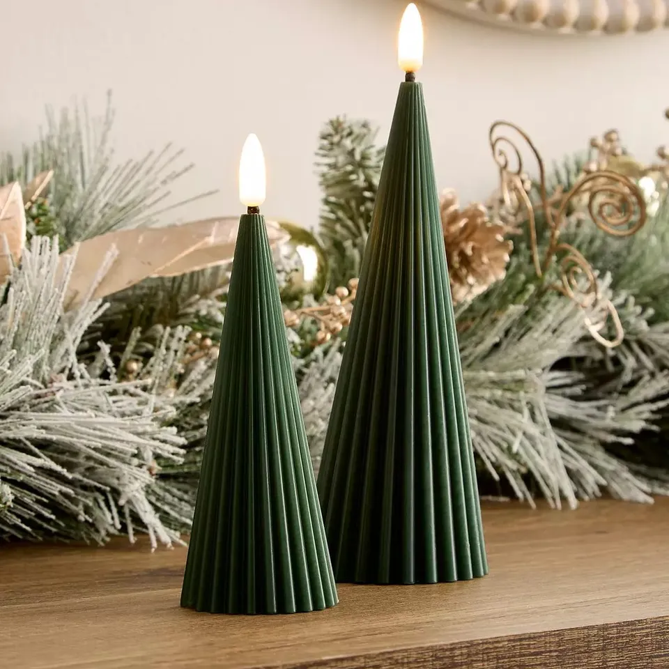 GREEN CONE CANDLES, TALL RIDGED CONES – 2 PACK. SET OF 2 TREE SHAPE LED CHRISTMAS CANDLES