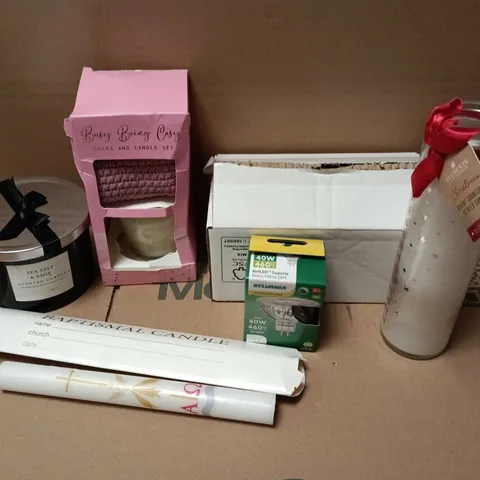 APPROXIMATELY 10 ASSORTED HOUSEHOLD ITEMS TO INCLUDE SCENTED CANDLES, BAPTISM CANDLE, HOMELIGHTS, ETC - COLLECTION ONLY