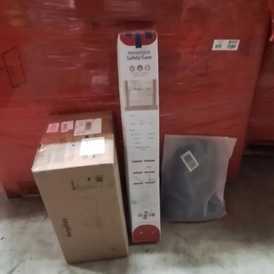 PALLET OF ASSORTED HOUSEHOLD GOODS AND PRODUCTS TO INCLUDE;CEILING LIGHT,RETRACTABLE SAFETY GATE,BACK STRAP