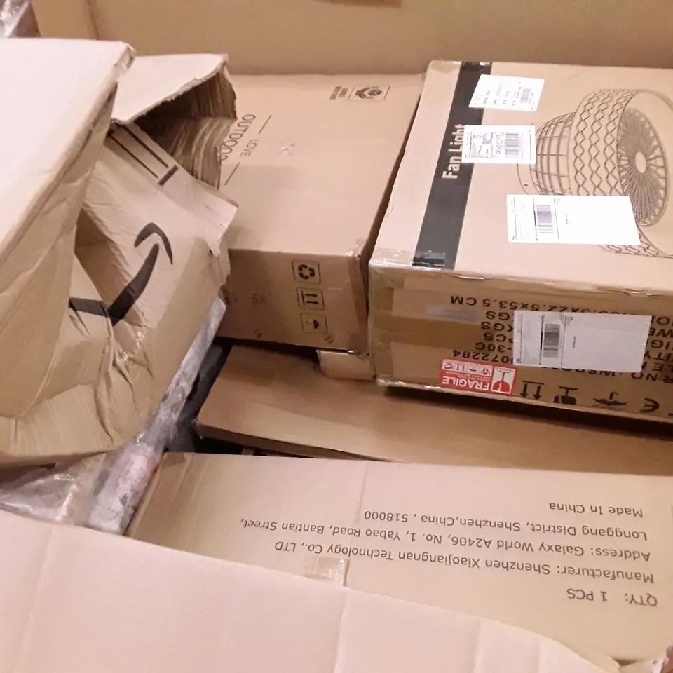 PALLET OF ASSORTED PRODUCTS INCLUDING PEDAL TRASH CAN, CLOTHES RACK WITH SHOE STORAGE, FOLDING CHAIR, BABY SLEEPER, FAN LIGHT  