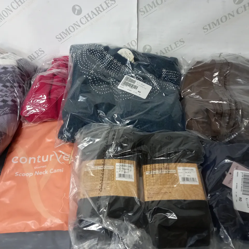 BOX OF ASSORTED CLOTHING ITEMS TOO INCLUDE TOPS , JUMPERS, AND PANTS ETC. 