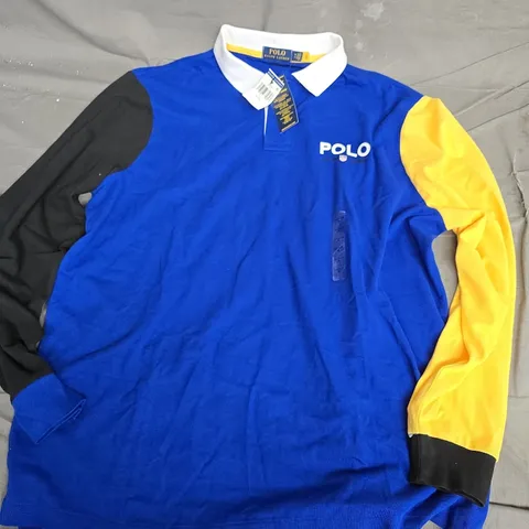 POLO RALPH LAUREN POLO SHIRT – ROYAL BLUE, COLOUR-BLOCK SLEEVES, MEN’S XL