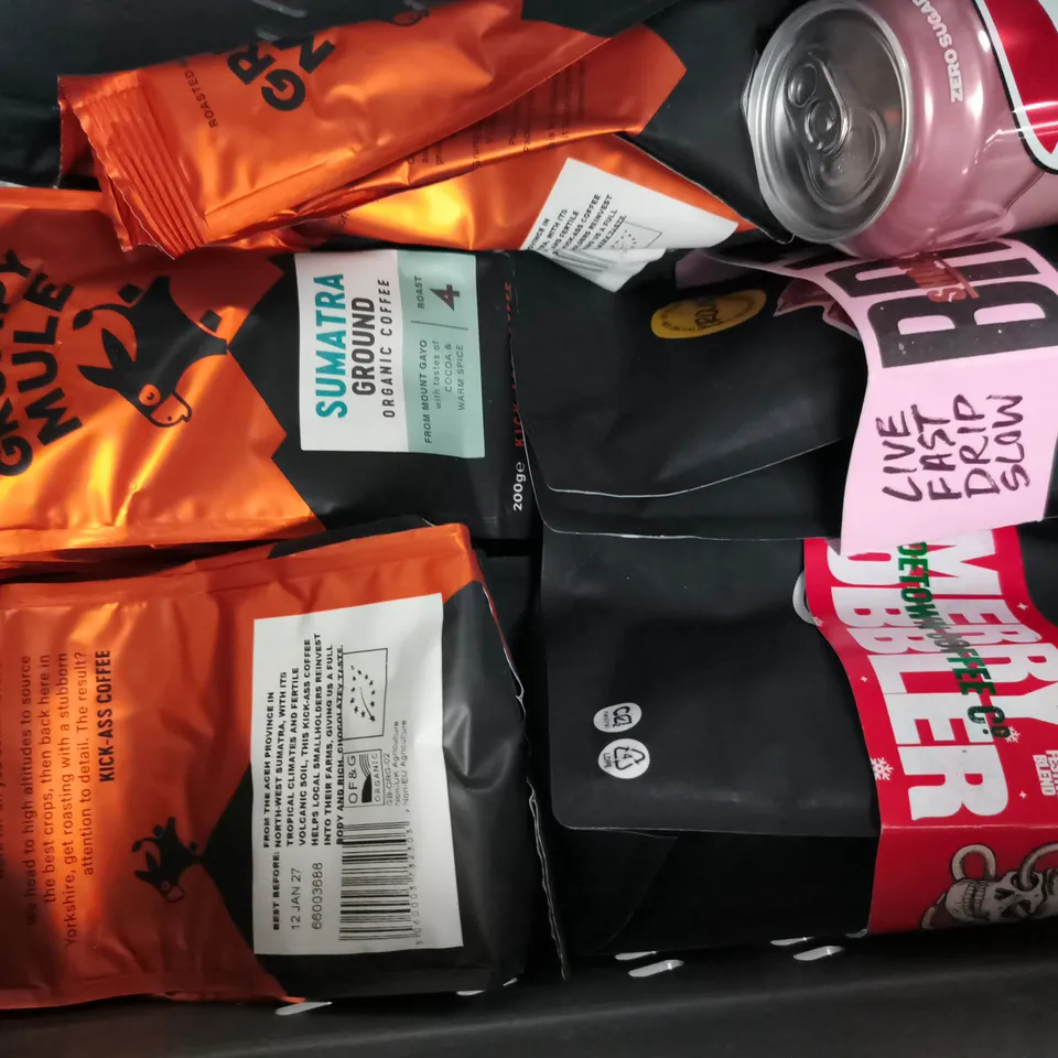 APPROXIMATELY 10 ASSORTED FOOD AND DRINK ITEMS TO INCLUDE GRUMPY MULE COFFEE, J20, ETC