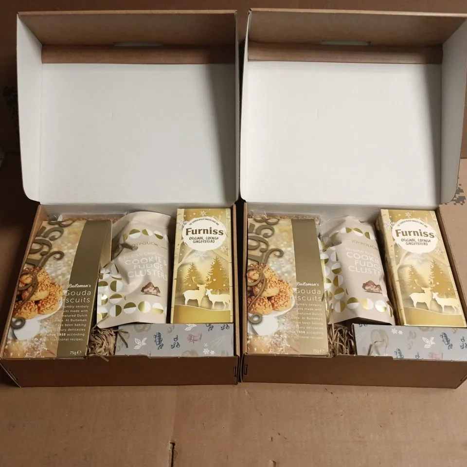 2 MIXED FESTIVE TREAT BOXES CONTAINING GOUDA BISCUITS AND GINGERBREAD, ETC