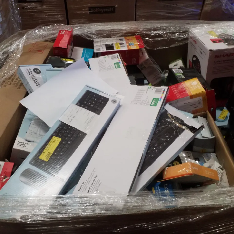 PALLET CONTAINING ASSORTED ELECTRICAL RETURNS INCLUDING BLUETOOTH PARTY SPEAKER, WIRELESS KEYBOARD AND MOUSE, WIRELESS HEADPHONES, AERIAL & OLED TV WALL MOUNT