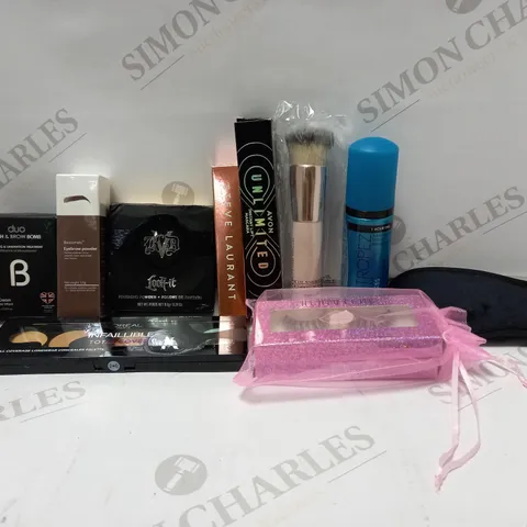 LOT OF APPROX 15 ASSORTED BEAUTY ITEMS TO INCLUDE YSL LIPSTICK, AVON MASCARA, EYEBROW POWDER, ETC