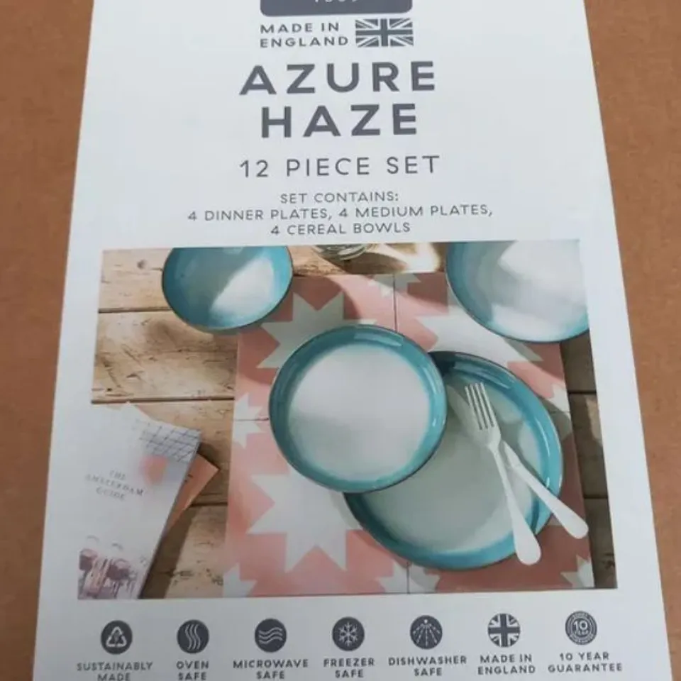 BOXED DENBY AZURE HAZE 12 PIECE SET TO INCLUDE; 4 DINNER PLATES, 4 MEDIUM PLATES, 4 CEREAL BOWLS