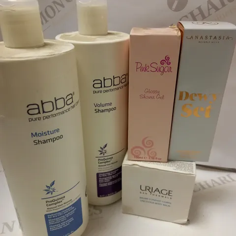 LOT OF 5 ITEMS INCLUDING 2 X 1L ABBA PURE PERFORMANCE SHAMPOO, URIAGE EAU THERMALE BODY BALM