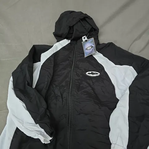 CORTEIZ HOODED WINDBREAKER JACKET β BLACK WITH GREY SIDE PANELS - SIZE UNSPECIFIED