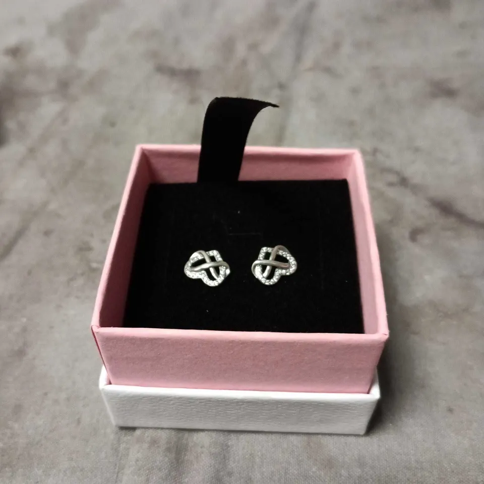 PANDORA SILVER KNOT EARRINGS WITH CRYSTALS – PRESENTED IN PINK GIFT BOX