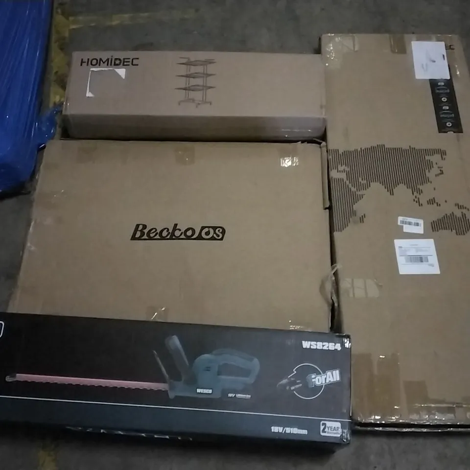 PALLET OF ASSORTED ITEMS INCLUDING HOMIDEC DRYING RACK, WESCO CORDLESS HEDGE TRIMMER, HOMIDEC PLANT STAND, BECKO US, GIONIEN CERAMIC HOB, DOOR FRAME PULL UP BAR