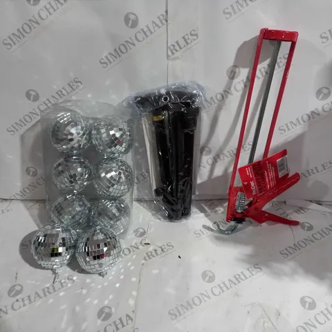APPROX 20 HOUSEHOLD ITEMS TO INCLUDE CAULK GUN, COLLAPSABLE WALKING STICK, BAUBLES