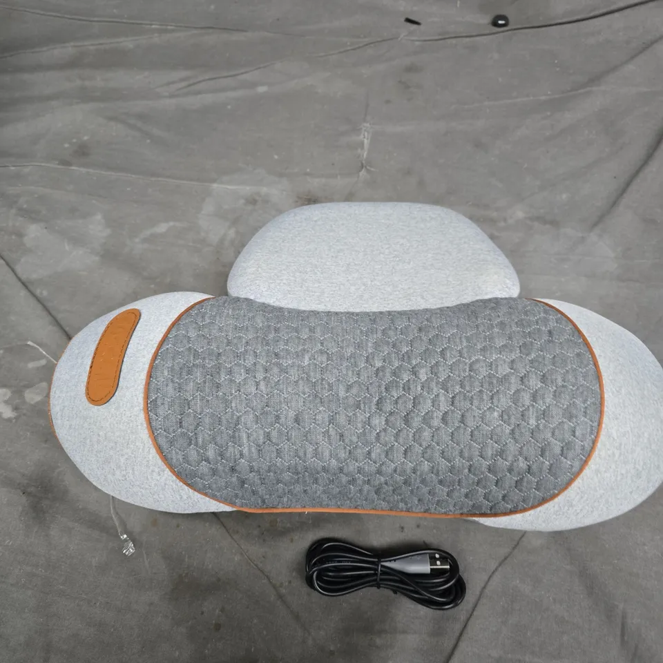 TRAVEL NECK PILLOW WITH USB HEATING – GREY HEX‑QUILTED WITH ORANGE TRIM