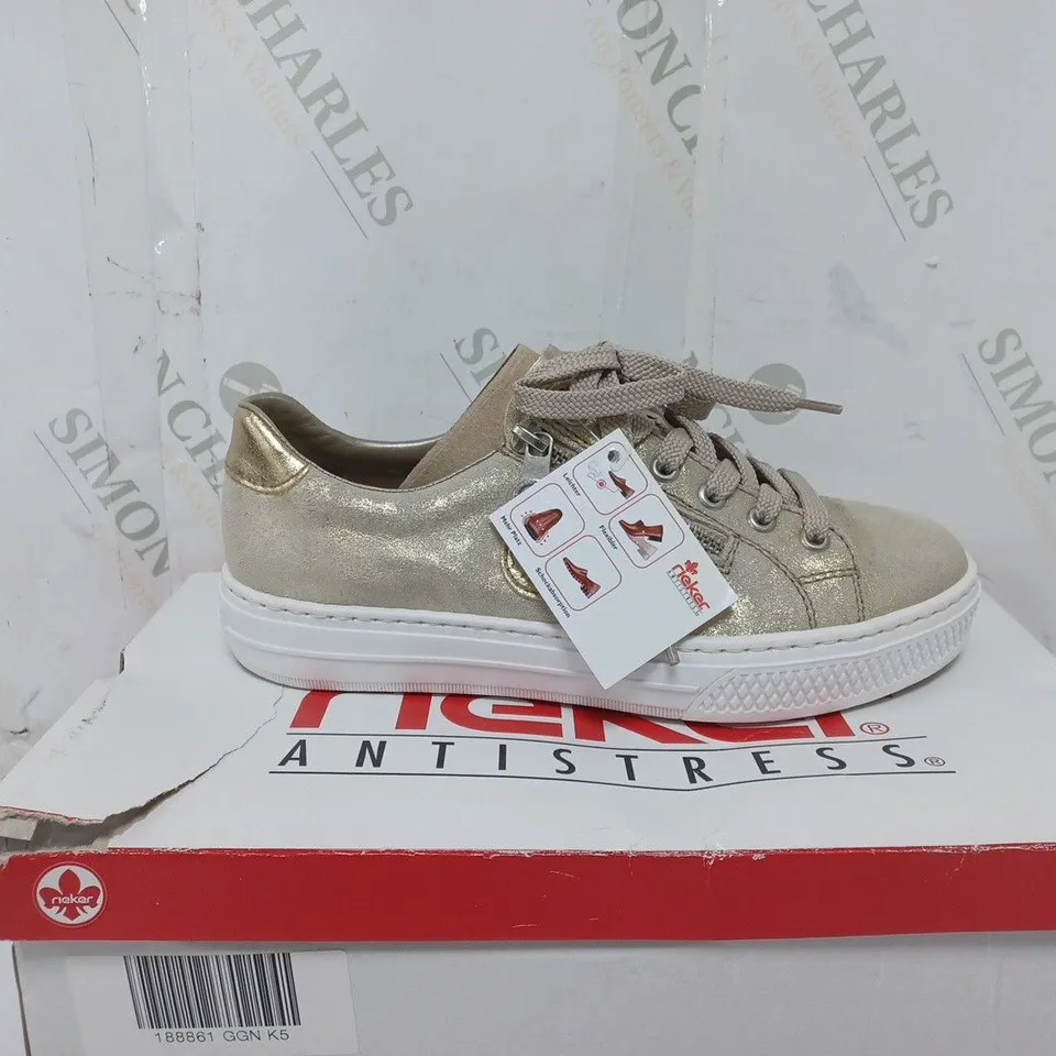 BOXED PAIR OF RIEKER GOLD SHIMMER TRAINERS - SIZE 8