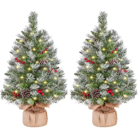 BOXED 2PCS PRE-LIT ARTIFICIAL MINI TABLETOP CHRISTMAS TREE, 2FT/66CM FROSTED (1 BOX)
