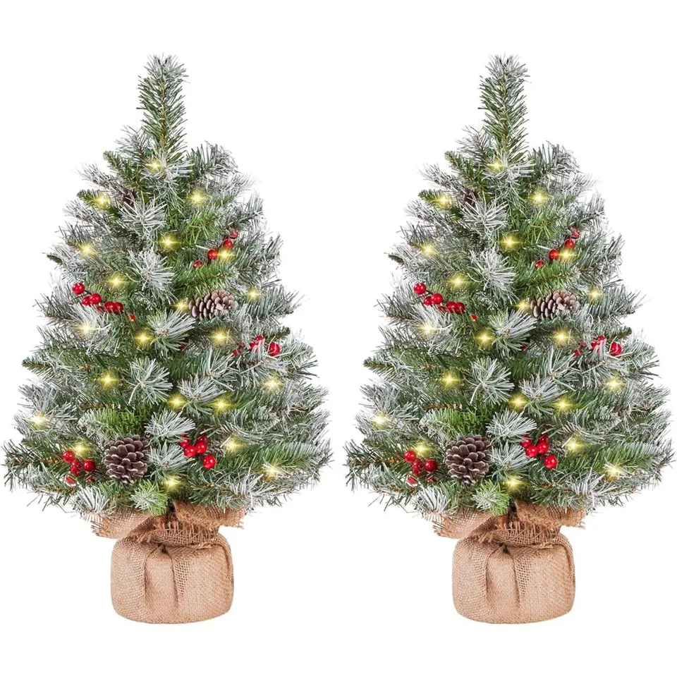 BOXED 2PCS PRE-LIT ARTIFICIAL MINI TABLETOP CHRISTMAS TREE, 2FT/66CM FROSTED (1 BOX)