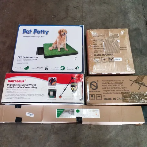 PALLET OF ASSORTED PRODUCTS INCLUDING PET POTTY, STORAGE OTTOMAN, DIGITAL MEASURING WHEEL, WORKOUT BAR, LED LIGHT